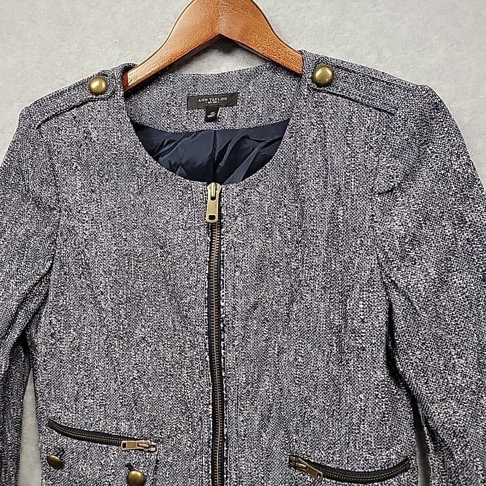 ANN TAYLOR Collarless Blazer Navy White Tweed Zip Up Long Sleeve Sz 10 Military